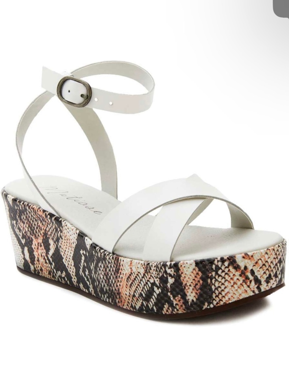 NWT Matisse White leather Ankle-Strap Platform Wedge with Snake-Print Platform